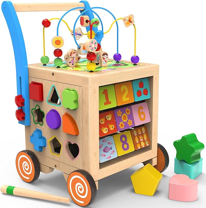 9-in-1 Wooden Activity Cube | Wooden Baby Walker, Sit-to-Stand Learning Walker Activity Center