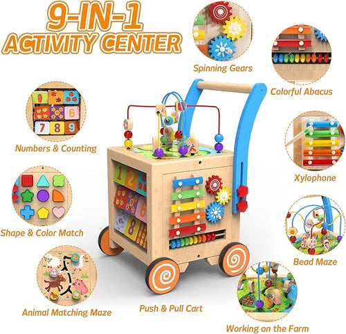 9-in-1 Wooden Activity Cube | Wooden Baby Walker, Sit-to-Stand Learning Walker Activity Center